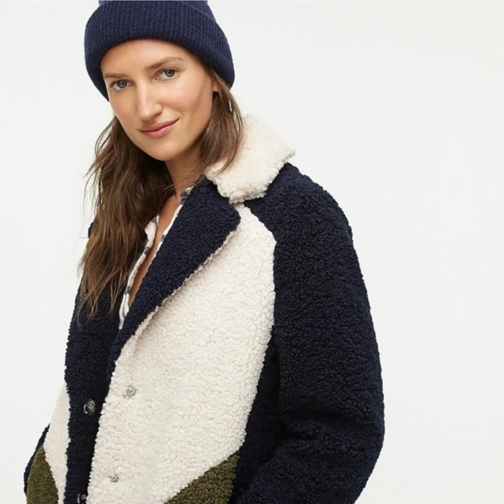 J. Crew Colorblock Teddy Coat in Navy, Cream & Olive